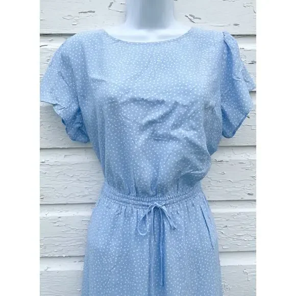 LOFT Dress Womens M Light Blue Polka Dot Godet Ruffle Tie Waist Minimalist - Picture 6 of 9